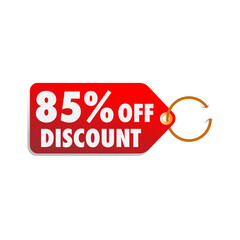 isolated red sale tag 85% discount offer white background