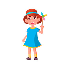 happy small girl playing with fan toy cartoon vector. happy small girl playing with fan toy character. isolated flat cartoon illustration