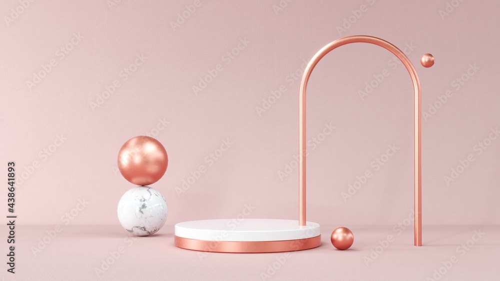 Poster 3d rendering gold podium geometry with crystals. abstract pastel pink geometric shape blank platform