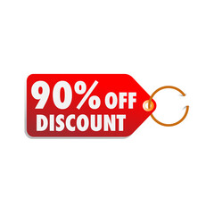  isolated red sale tag 90% discount offer white background