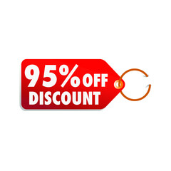 isolated red sale tag 95% discount offer white background