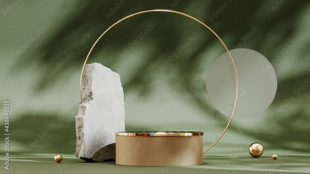 Poster 3d rendering gold stone podium geometry. abstract pastel geometric shape blank platform. empty showc