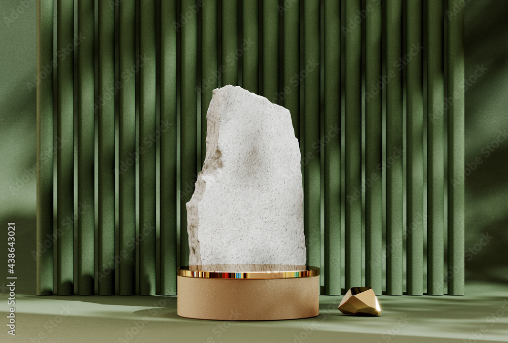 Poster 3d rendering gold stone podium geometry. abstract pastel geometric shape blank platform. empty showc