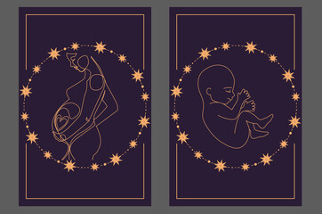 Magic banner, boho design. the birth of life  surrounded by stars on a dark blue background. Baby birth and pregnancy concept. Esoteric vector illustration, pattern. EPS10