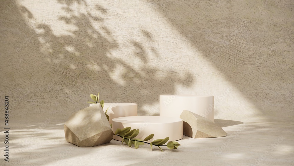 Poster 3d rendering of stone podium geometry. abstract pastel geometric shape blank platform. empty showcas