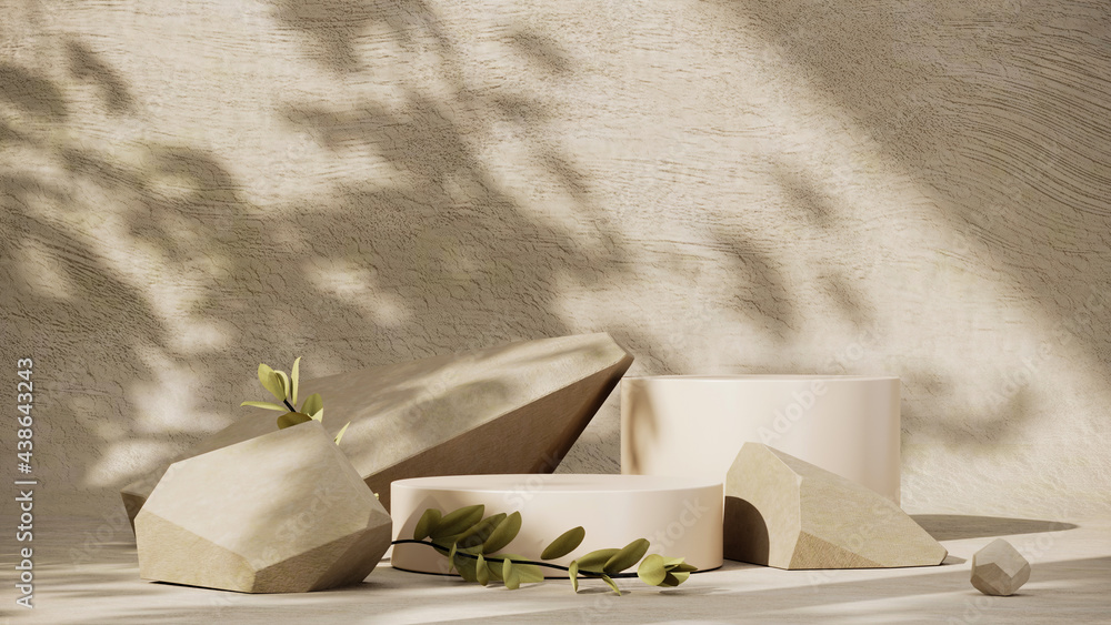 Poster 3d rendering of stone podium geometry. abstract pastel geometric shape blank platform. empty showcas