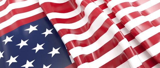 Fototapeta premium Close up of american USA flag for Memorial Day and waving in the wind, 4th of July Independence Day. - 3d Rendering