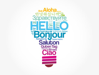 Hello word cloud in different languages of the world in shape of light bulb, concept background