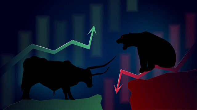 Confronting bullish trend versus bearish trend with up and down arrows on dark background. Blurred Japanese candles on background. Vector image.