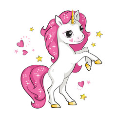 Cute little unicorn with pink mane standing on its hind legs.Isolated. Beautiful picture for your design.