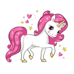 Cute little unicorn with pink mane greeting your. Isolated. Beautiful picture for your design. - 438643832