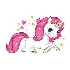 The lcute little unicorn lies on its stomach. Isolated. Beautiful picture for your design.   - 438643838