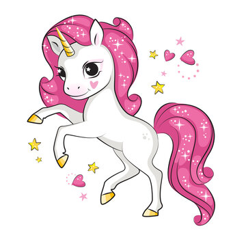 Cute little unicorn with pink mane standing on its hind legs.Isolated. Beautiful picture for your design.