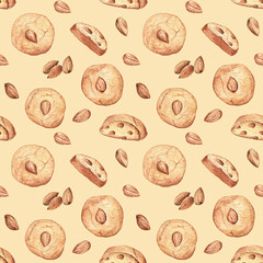 Seamless pattern with almond cookies, biscotti and almond nuts on a warm yellow-cream background. Watercolor hand painted elements. 