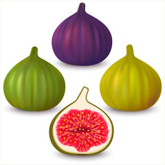 Fototapeta premium Set realistic green, yellow, violet whole and half cut figs on isolated on white background