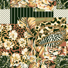 Flower leaf written chain wild animal skin fabric patchwork vector seamless pattern