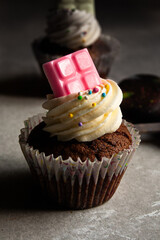 chocolate cupcakes with pink frosting