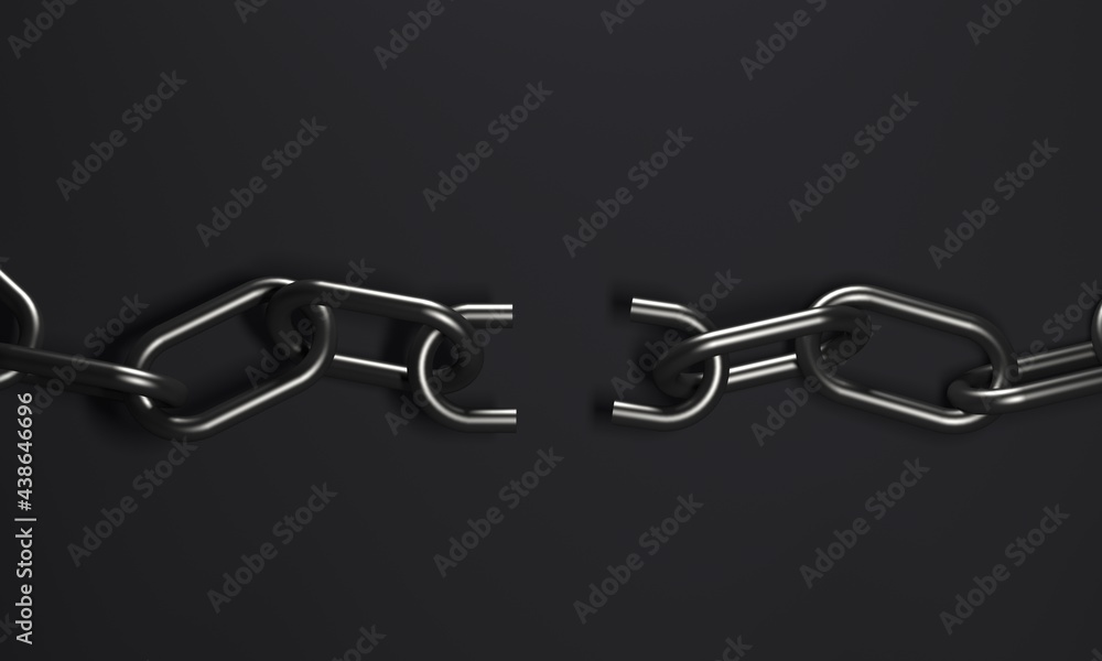 Poster abstract black background with broken metal chain and copy space. freedom concept. 3d rendering