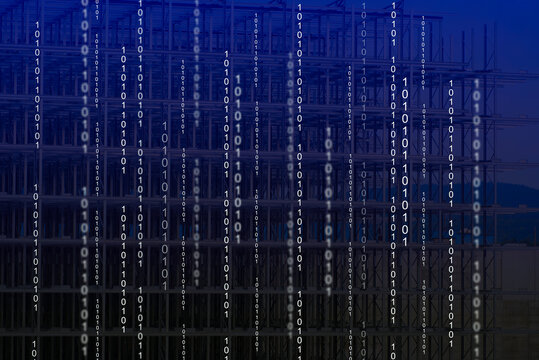 Binary cage with white binary code and metal cage structure in the background. Illustration made June 10th, 2021, Zurich, Switzerland.