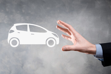 Digital composite of Man holding car icon.Car automobile insurance and car services concept....