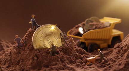 Fototapeta na wymiar Miner figurines digging ground to uncover big Gold bitcoin. Cryptocurrency Mining concept