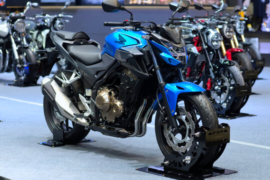 Nonthaburi-Thailand 23 MAR 2021: Honda CB500F sport motorbike model on display at The 42th Bangkok International Motor Show 2021 on 23 MAR - 4 APR 2021 at IMPACT Challenger