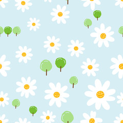Obraz premium Seamless pattern with daisy flower and little tree cartoon on blue background vector illustration.