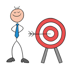 Stickman businessman character hits the target of bulls eye and proud, vector cartoon illustration