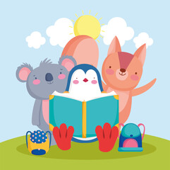 cute animals reading a book