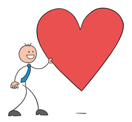 Stickman businessman character walking and holding big heart symbol, vector cartoon illustration