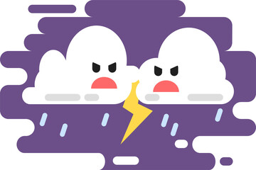illustration of the process of rain. cloud fight with cute characters. lightning and thunder at night flat vector design
