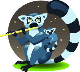 Lemur playing the flute with baby lemur sleeping on his back at night. Vector cartoon children illustration. Postcard, prints, product, interior © Solovets-bird