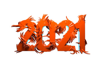 Happiness for the New Year 2021 lettering made by red glossy plastic or metal. The surface is covered with sharp spikes Isolated on white background 3d illustration