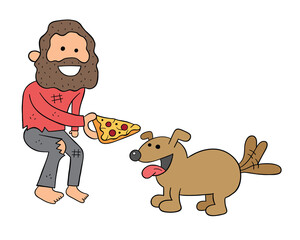 Cartoon homeless man sharing pizza slice with dog, vector illustration