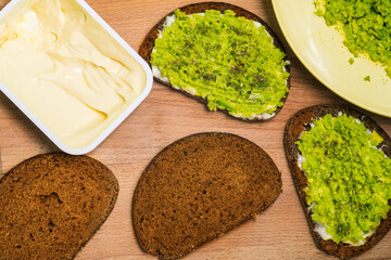 Avocado sandwiches. A simple vegetarian meal. Top view, flat lay
