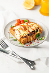 Fried Egg on toasted bread, breakfast.Tasty morning food.white background.