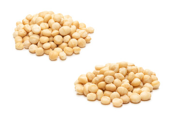Macadamia nuts isolated on white background.