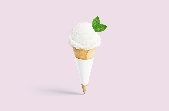 3d render customizable ice cream cone with fresh mint leaves on a neutral background. Minimal style.