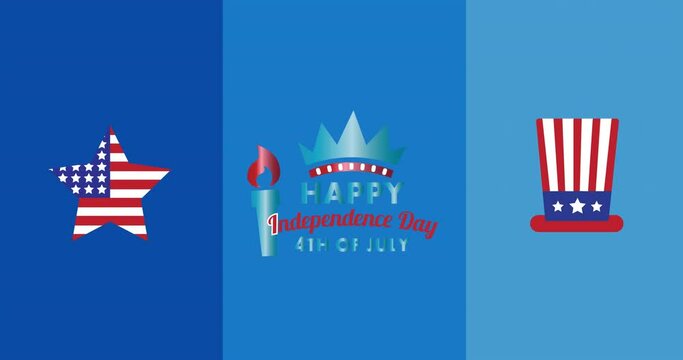 Happy independence day text over uncle sam's hat and star icons against blue background