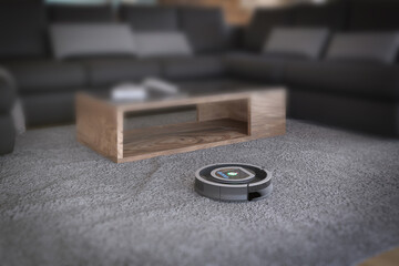 Robots vacuums cleaners on carpet in living room for cleaning pet hair and dust.