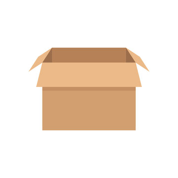 Open delivery box. Carton container element. Packaging box symbol. Cardboard isometric icon. Vector isolated on white.