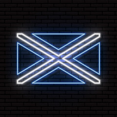 Neon sign in the form of the flag of Scotland. Against the background of a brick wall with a shadow. For the design of tourist or patriotic themes. Europe