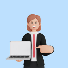 3d rendering smiling woman character pointing up laptop.