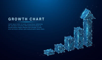 Abstract image of a growth chart in glowing blue. Low polygon, particle, and triangle style design.Wireframe light connection structure. Vector wireframe concept.