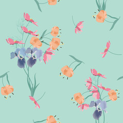 Obraz na płótnie Canvas Seamless vector illustration with gentle kosmea, lily, iris in a green background.