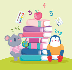 penguin koala with school books