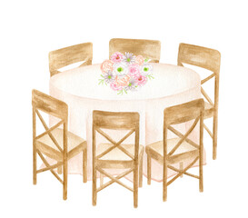 Watercolor round banquet table with wood chairs isolated on white background. Hand drawn draped table with cloth and floral bouquet. Elegant design for wedding reception, restaurant, seating chart