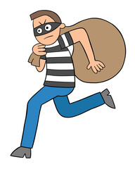 Cartoon thief man running away with sack, vector illustration