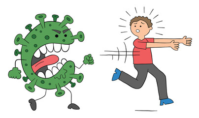 Cartoon coronavirus monster is chasing the man, vector illustration