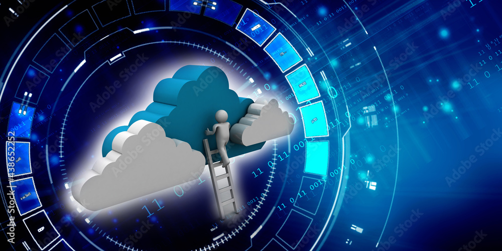 Poster 3d rendering cloud online storage icons with data near technician
